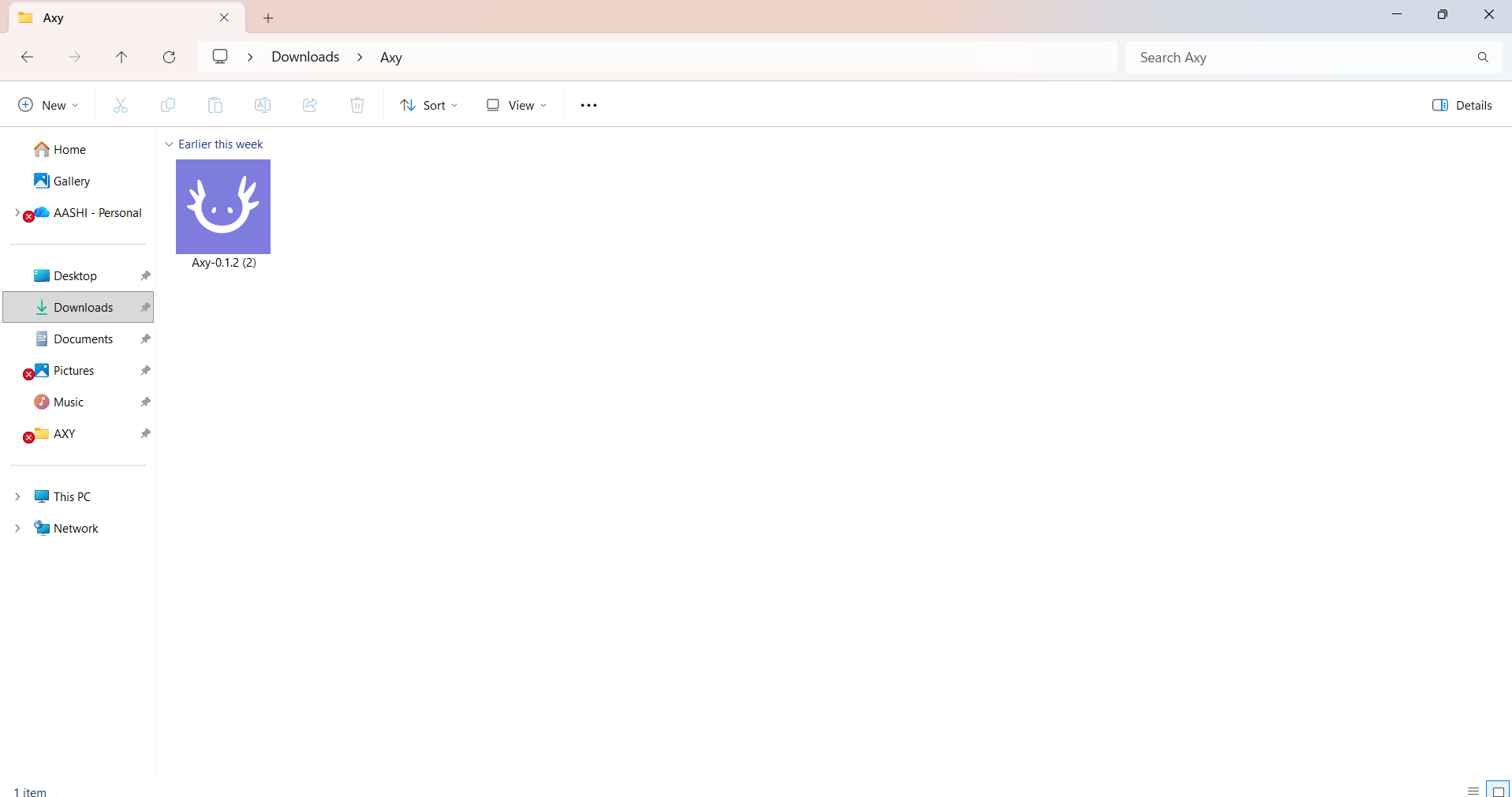 The downloaded Axy installer file, sitting in the Downloads folder