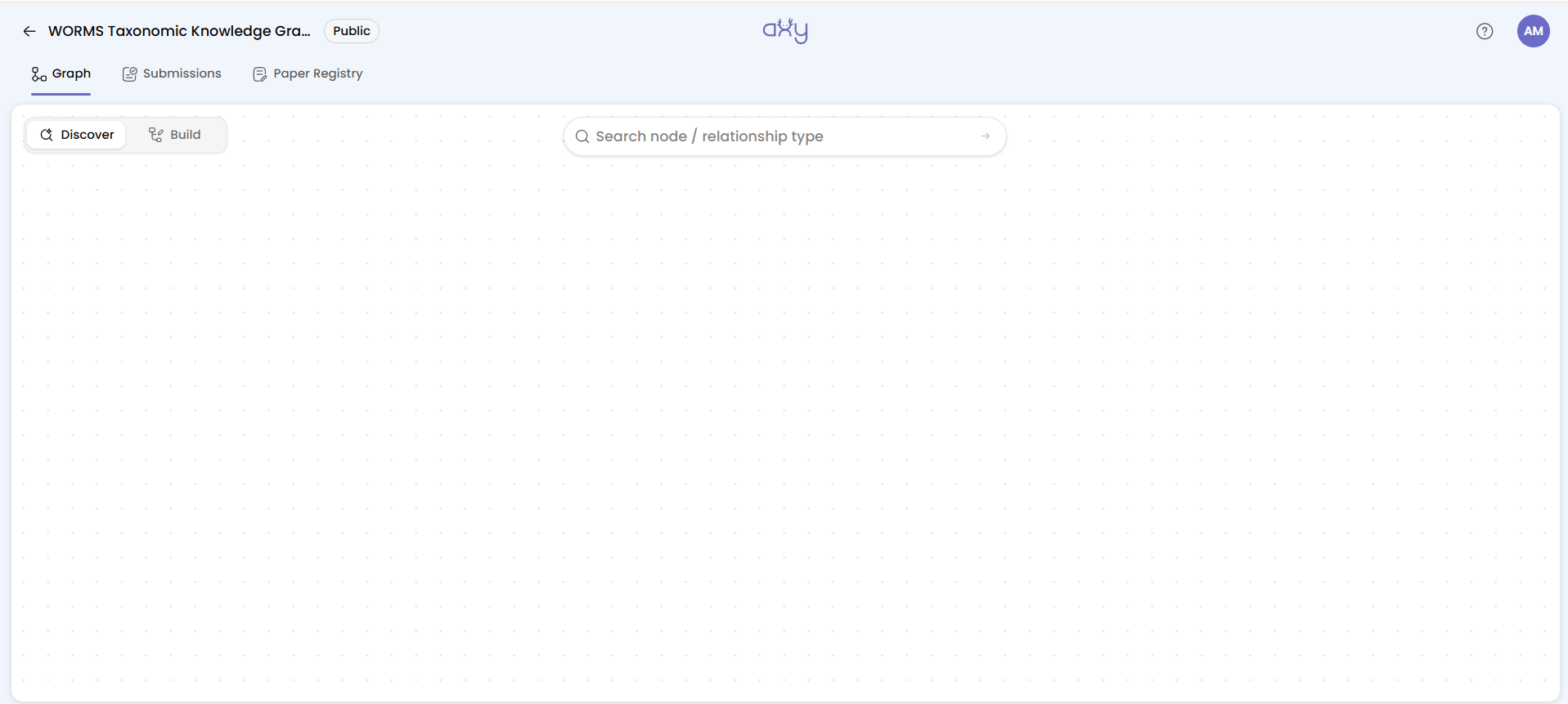 The Graph tab of the public WoRMS Taxonomic Knowledge Graph opens to Discover, with the Discover and Build toggle top left and the empty search bar, Search node / relationship type, at the top of the canvas