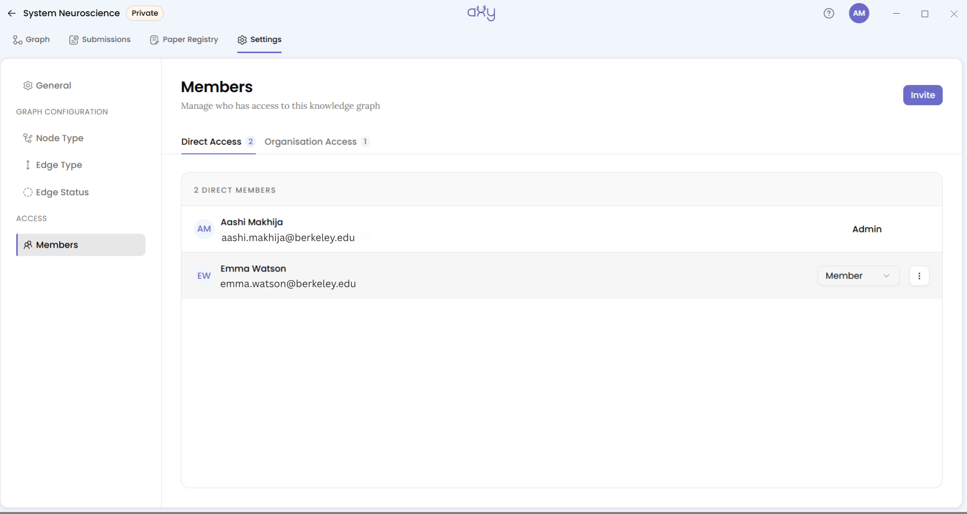 Settings → Members, Direct Access, the second account listed with its role badge