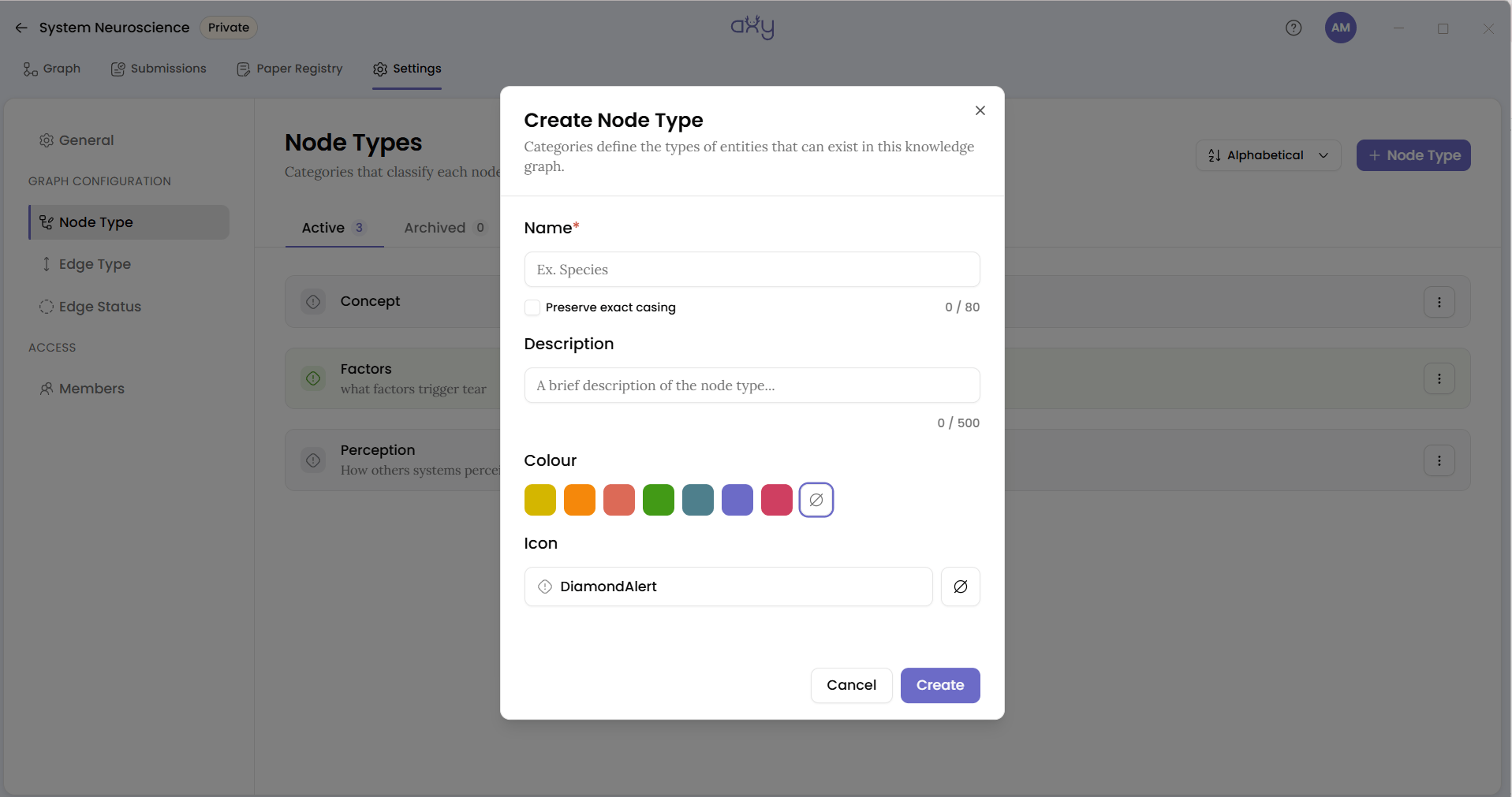 The Create Node Type dialog with the Name field and Preserve exact casing checkbox, Description, a row of colour swatches and the Icon field