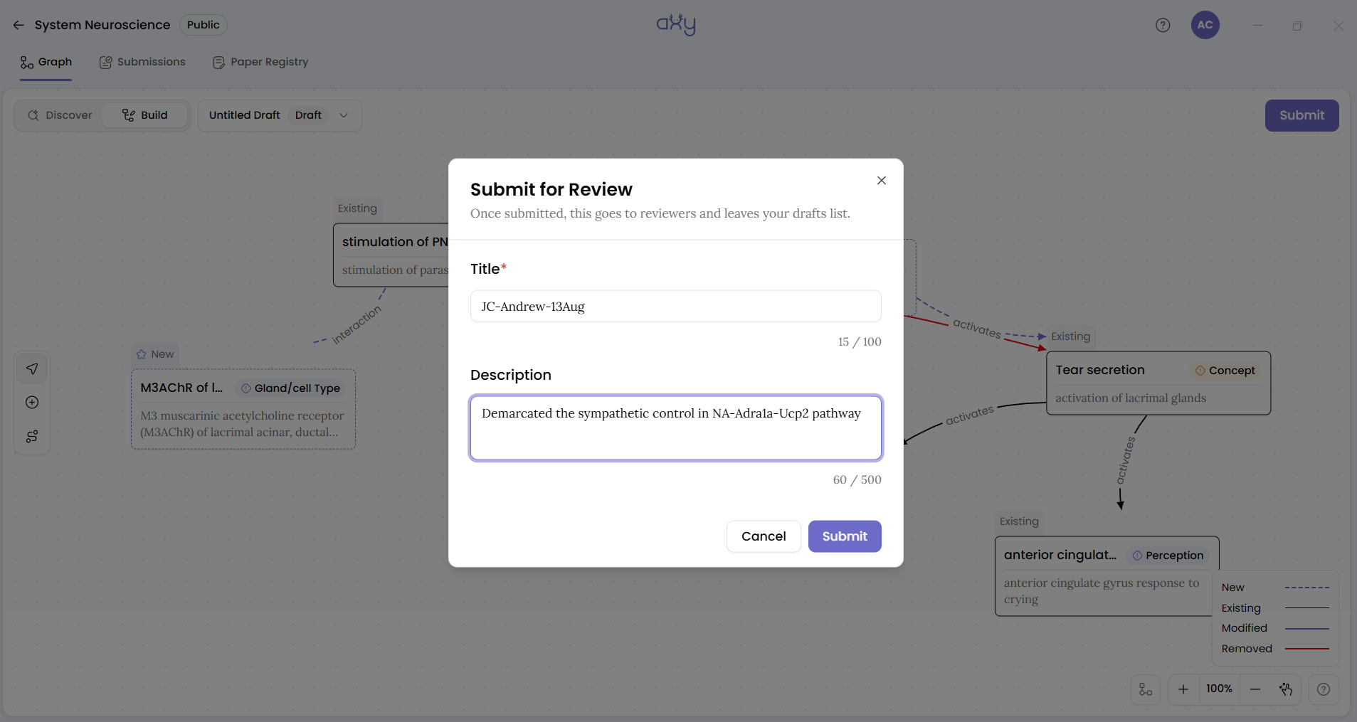 The presenter's screen: the submission sitting under Submissions, Open