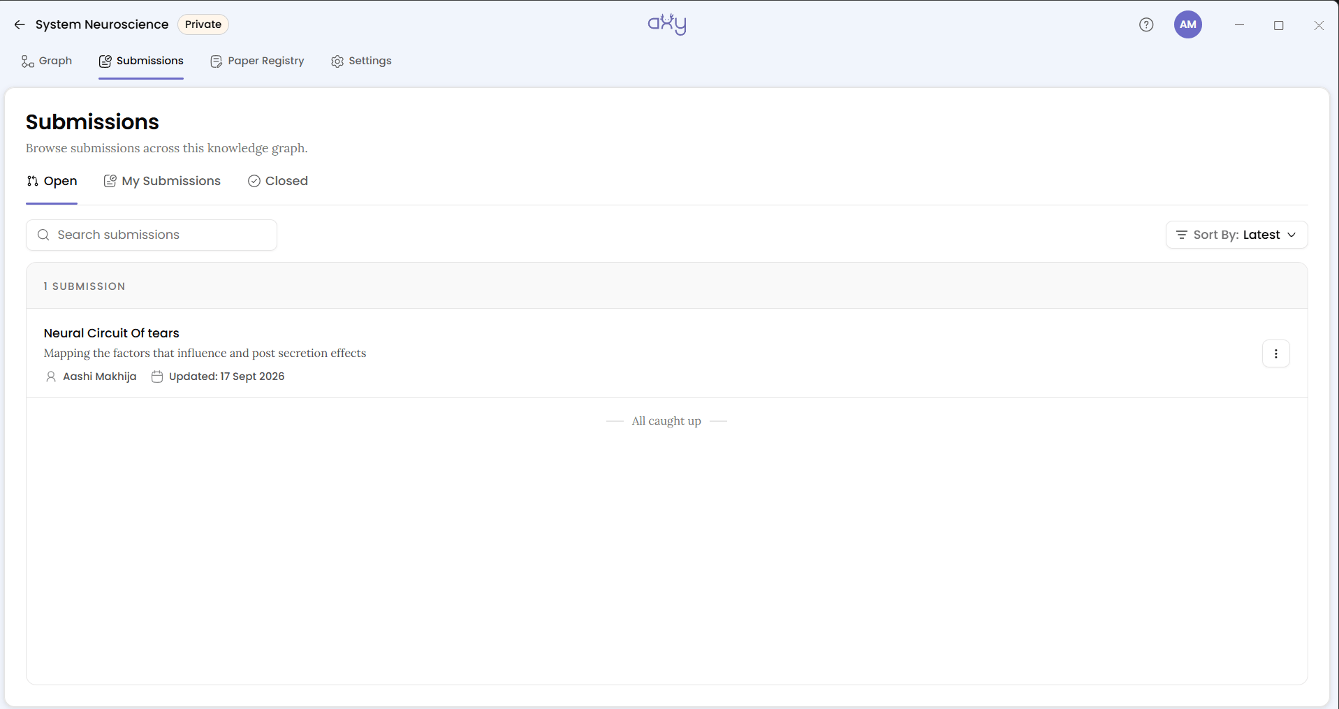 Submissions on the Open tab, the other account's submission in the list