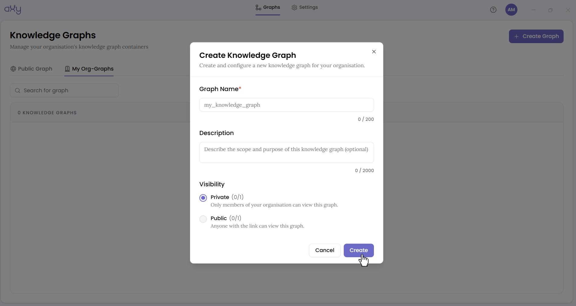 The create-graph dialog, showing the Private/Public toggle defaulting to Private