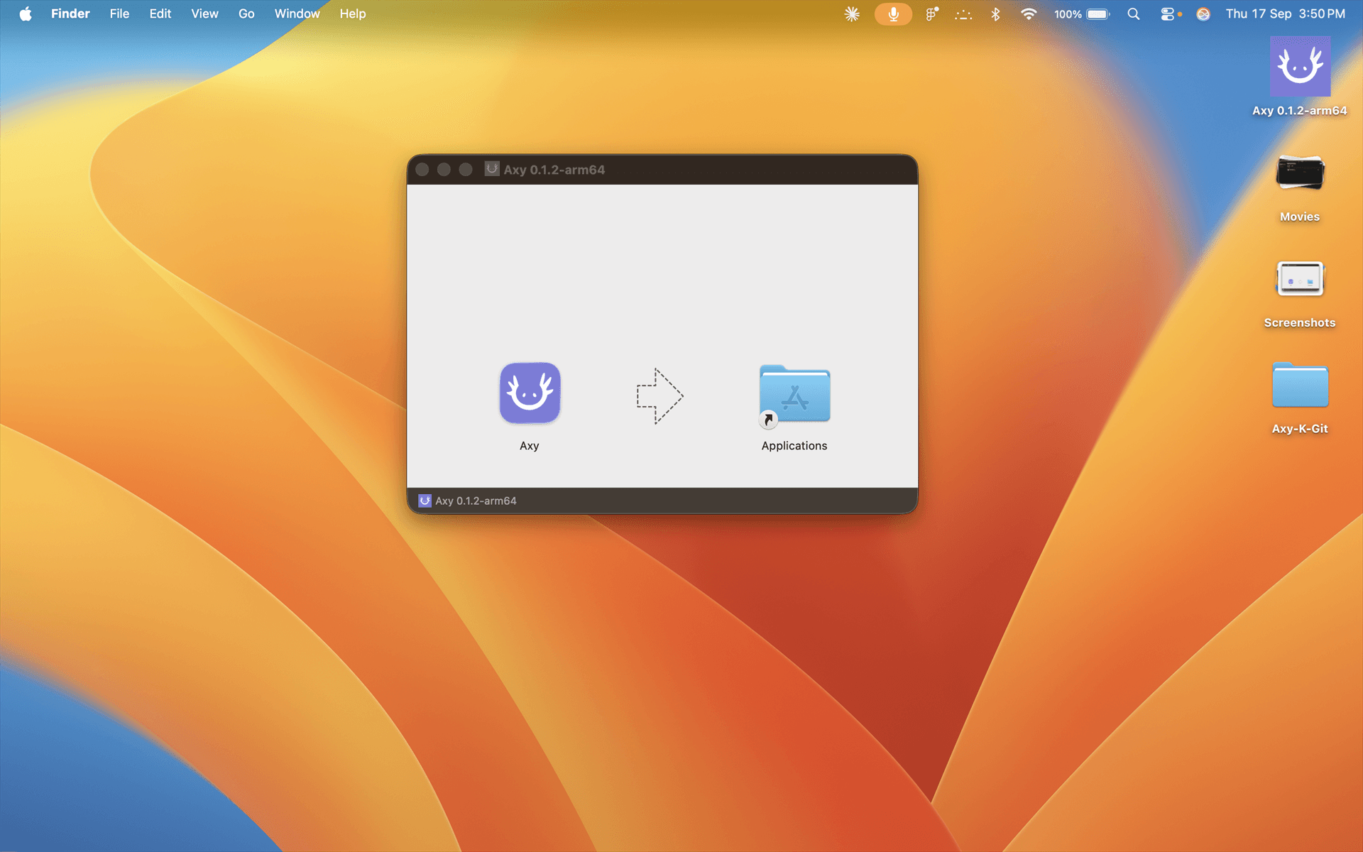 The macOS .dmg window, with Axy being dragged into the Applications folder