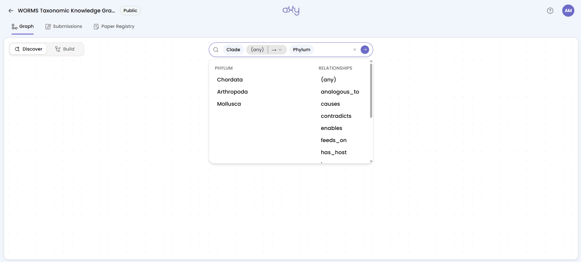 The search bar reading Clade, (any), → and Phylum, with the dropdown listing Phylum nodes on the left and relationship types on the right, (any) at the top followed by analogous_to, causes, contradicts, enables, feeds_on and has_host