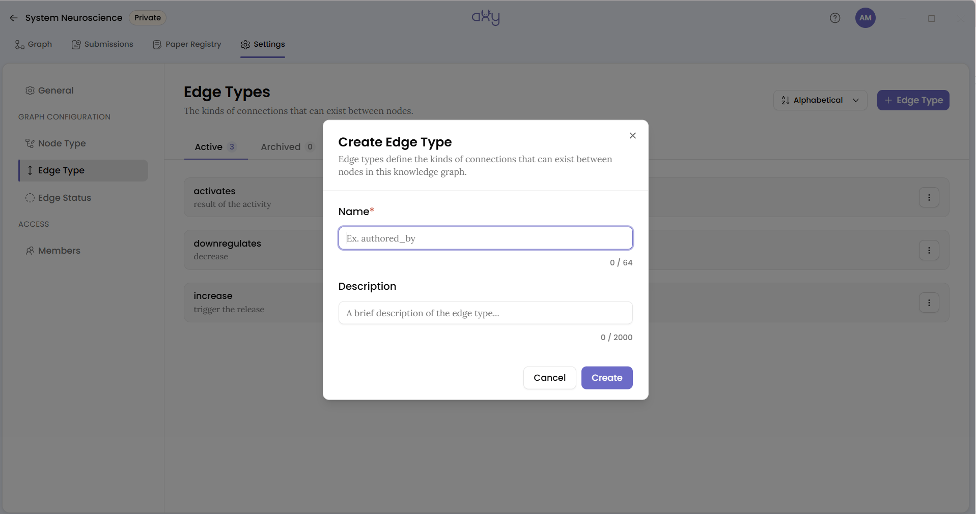 The Create Edge Type dialog with a Name field showing the placeholder Ex. authored_by and a Description field