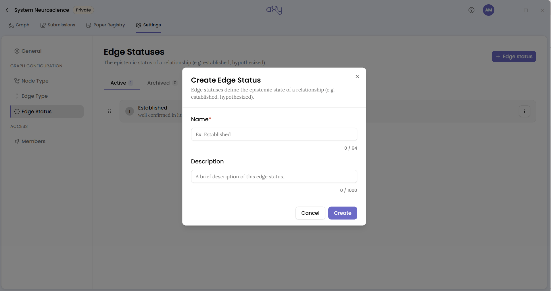 The Create Edge Status dialog with a Name field showing the placeholder Ex. Established and a Description field
