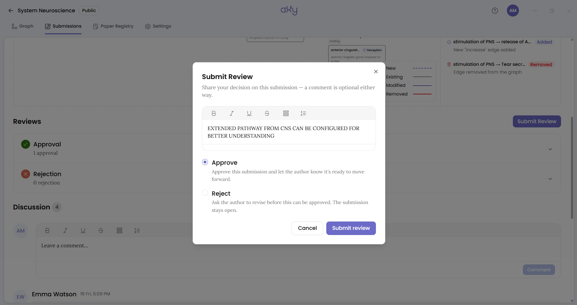 The organiser's screen: the Submit Review dialog with Approve selected