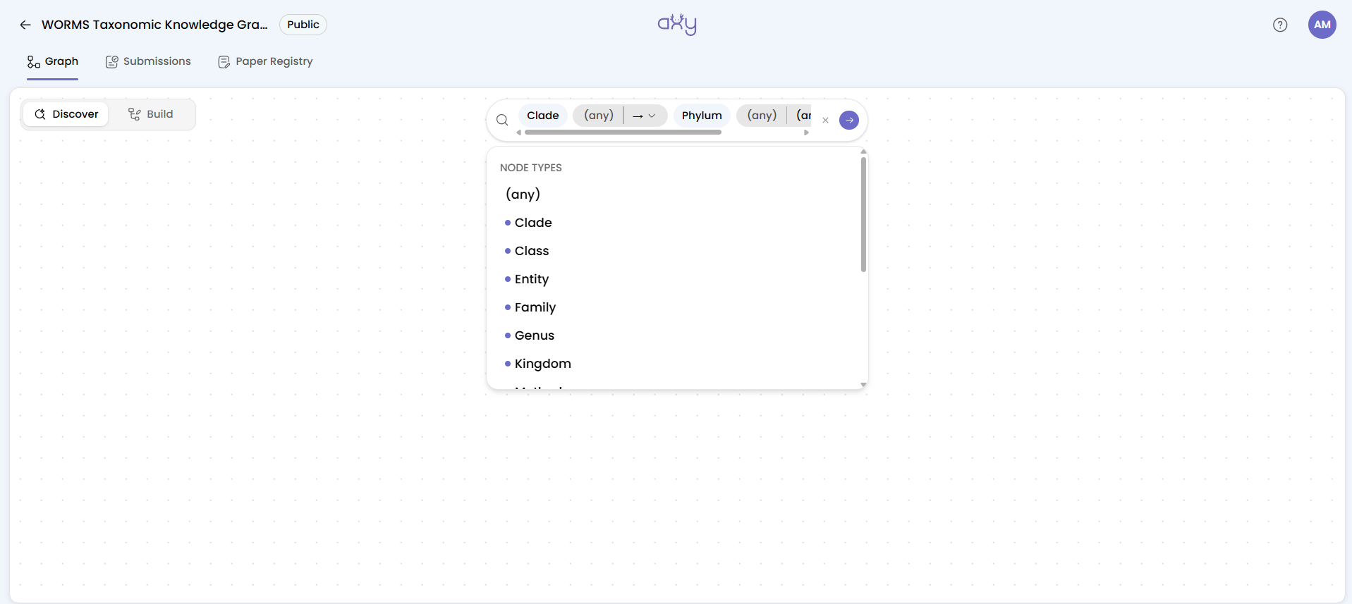 The search bar reading Clade, (any) →, Phylum and a second (any) relationship, with the Node Types list open below to pick where it leads
