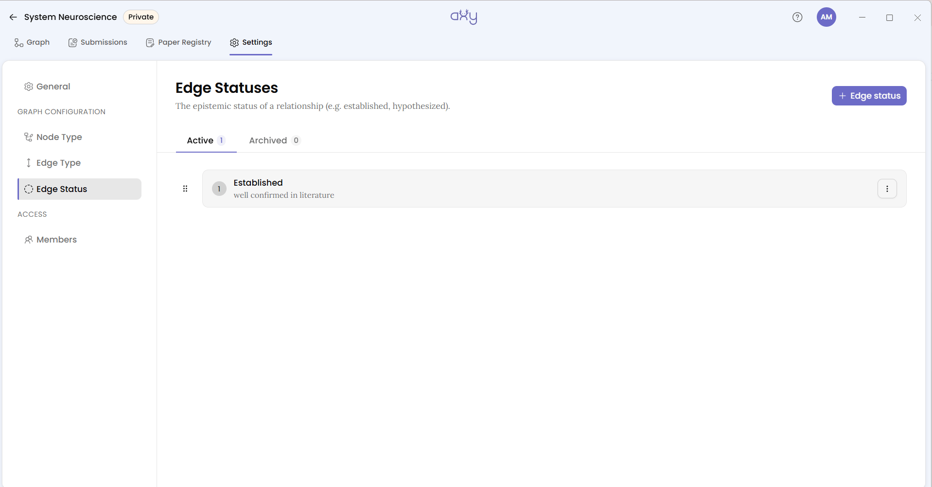 The Edge Statuses page with one status, Established, numbered 1, with a drag handle to its left