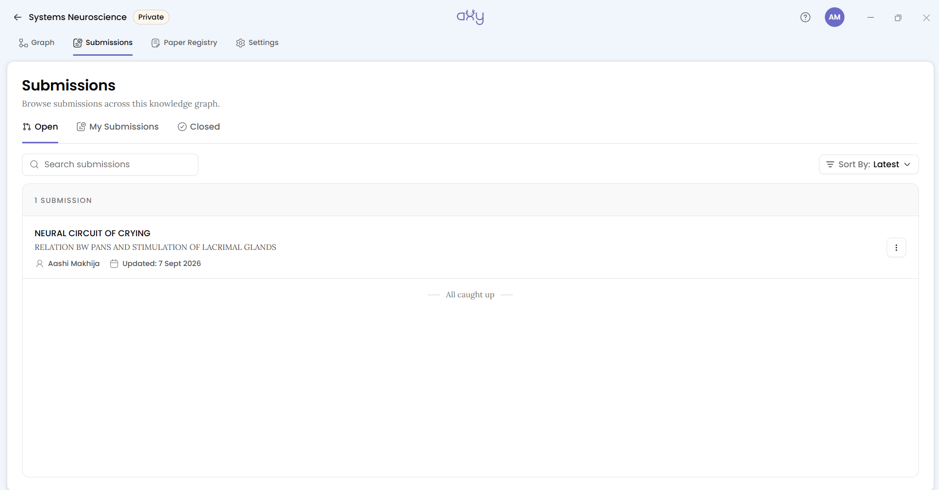 The submission under the Submissions tab, status Open