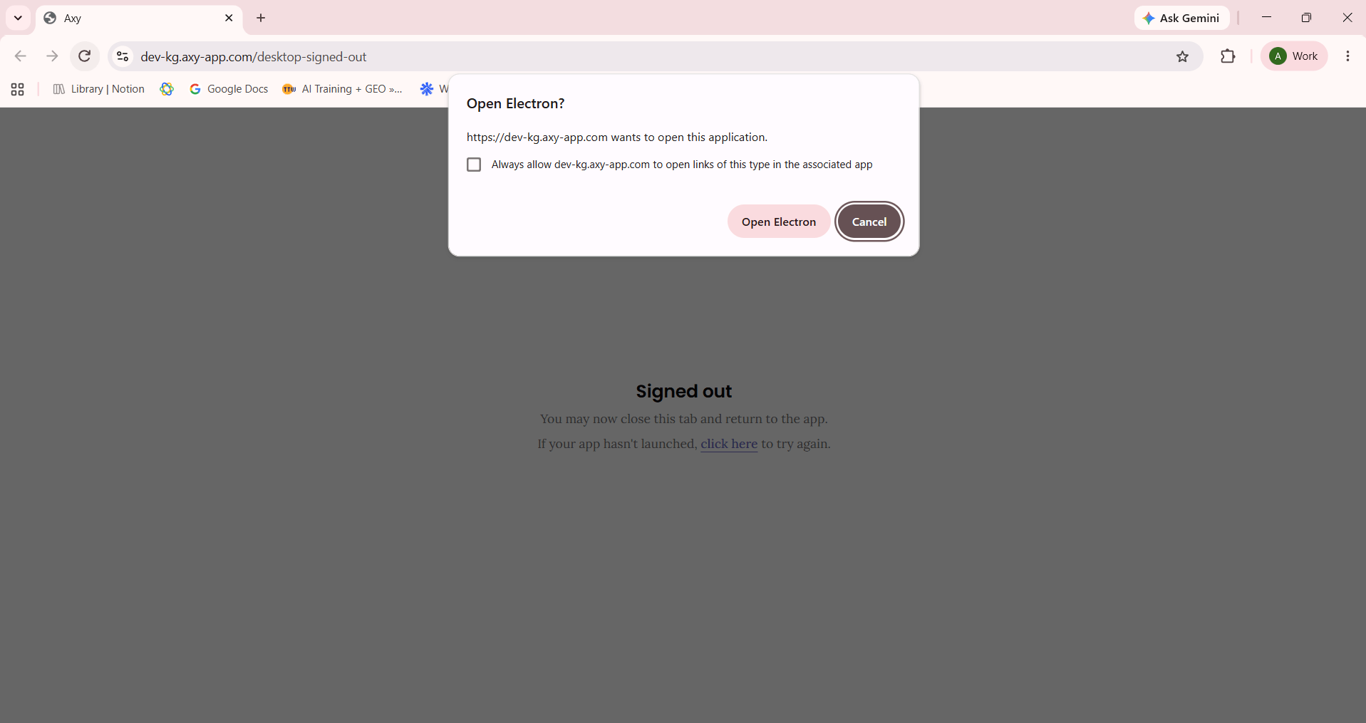 The browser handing off to Axy, with the OS asking whether to open the app