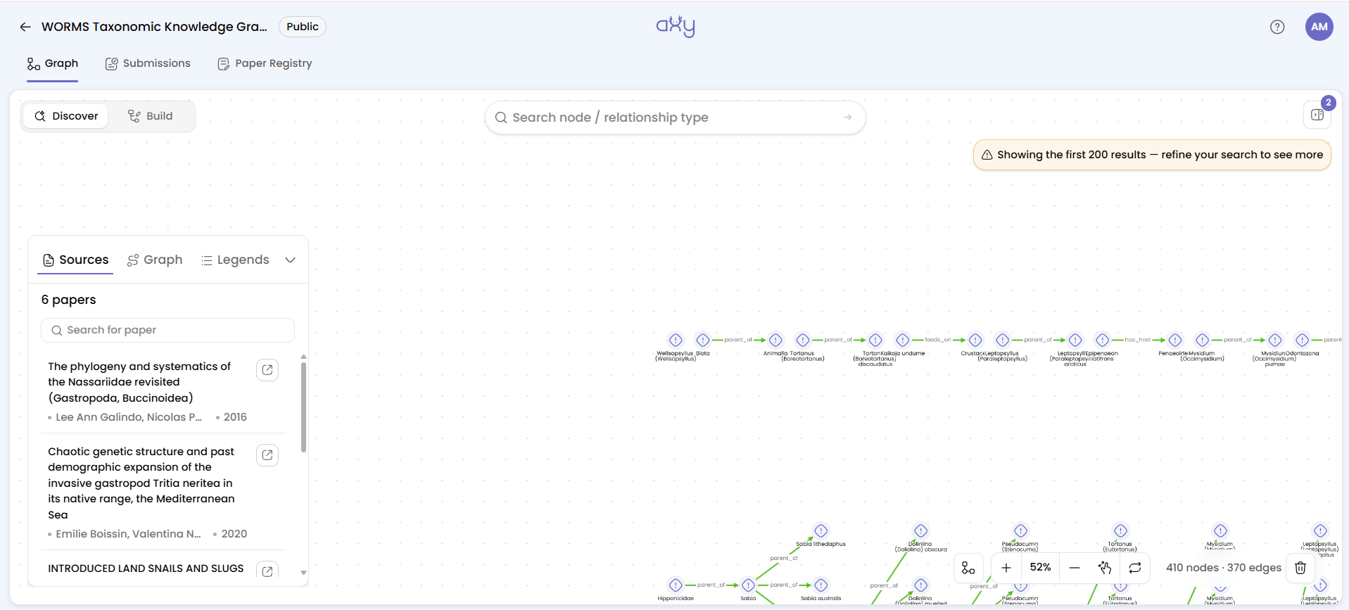The amber notice top right reading Showing the first 200 results — refine your search to see more