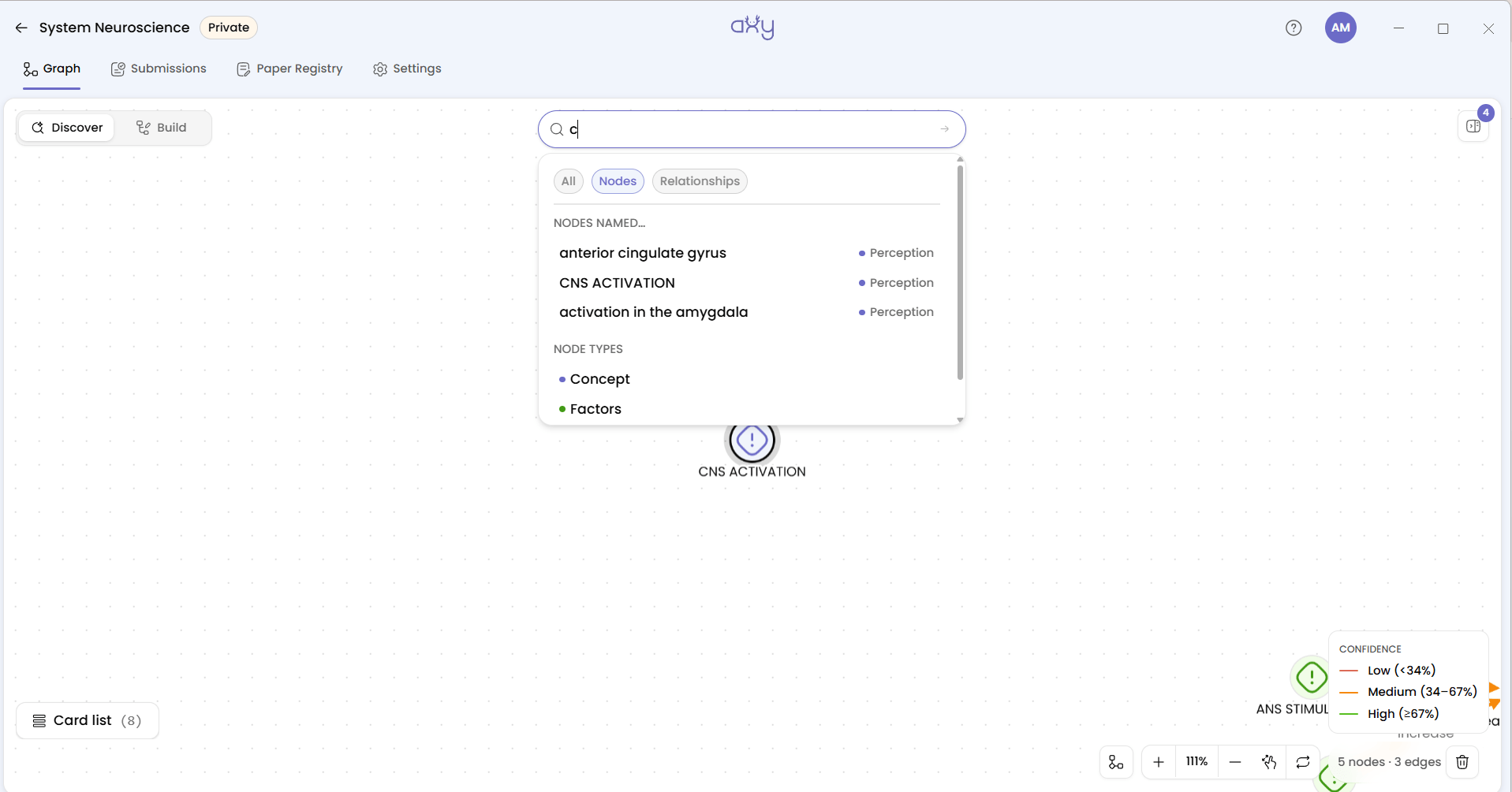 The Discover search dropdown after typing c, with All, Nodes and Relationships filters, matching nodes tagged with their type, and a Node Types section listing Concept and Factors