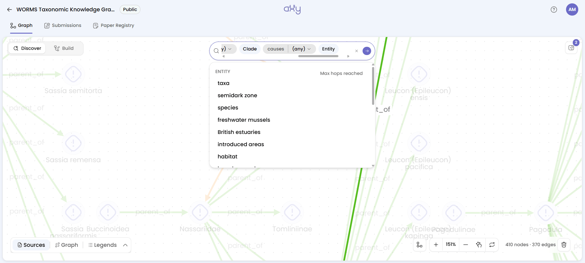 The search bar at its hop limit, ending Clade, causes, (any) and Entity, with the dropdown showing Max hops reached