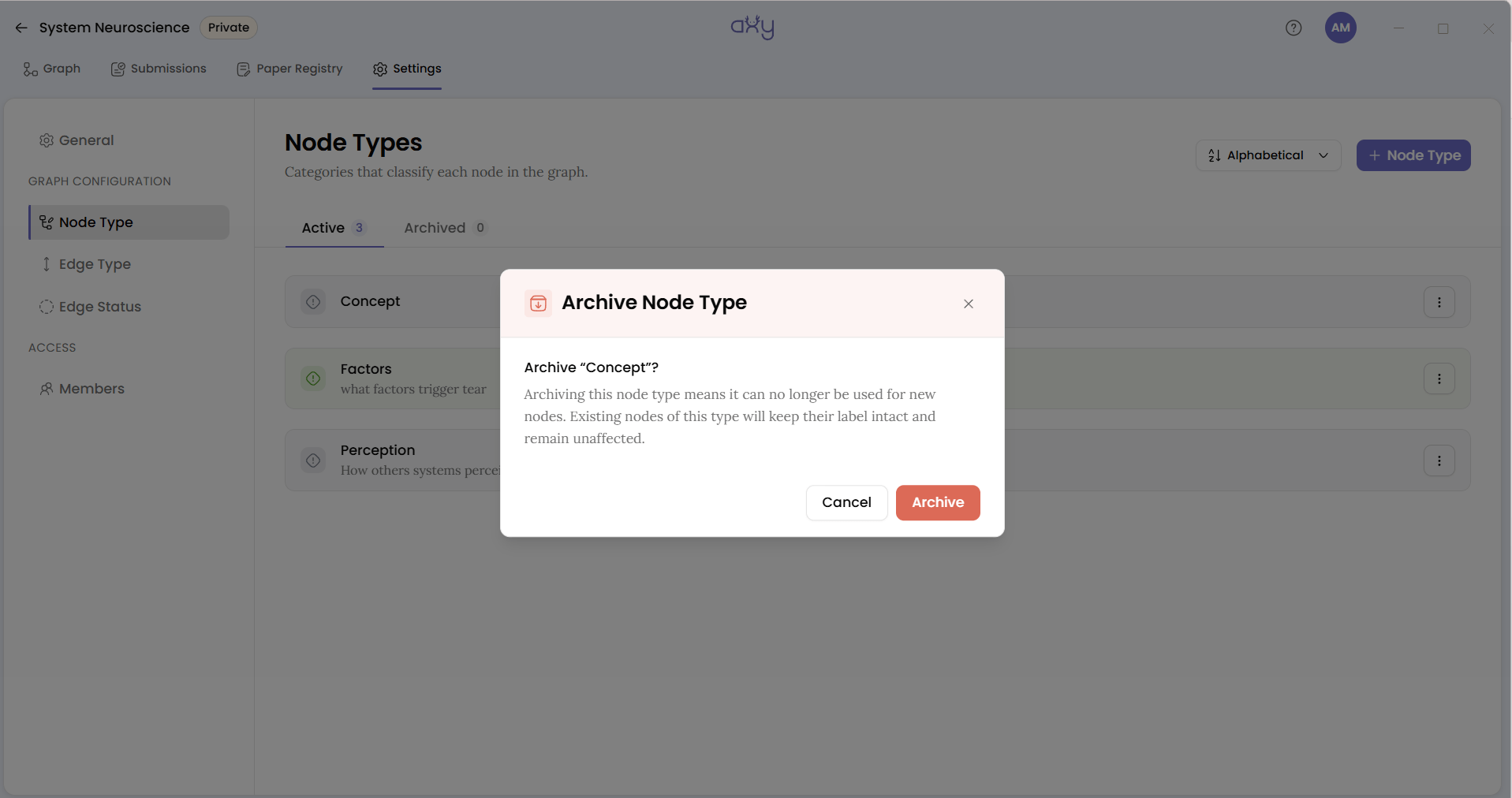 The Archive Node Type dialog asking Archive "Concept"?, with its explanation and Cancel and Archive buttons